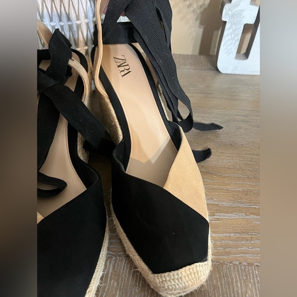 Zara Espadrille Wedge Sandals Black Tan Ankle Tie Wrap Platform Heels Size 8.5 - Picture 12 of 16
